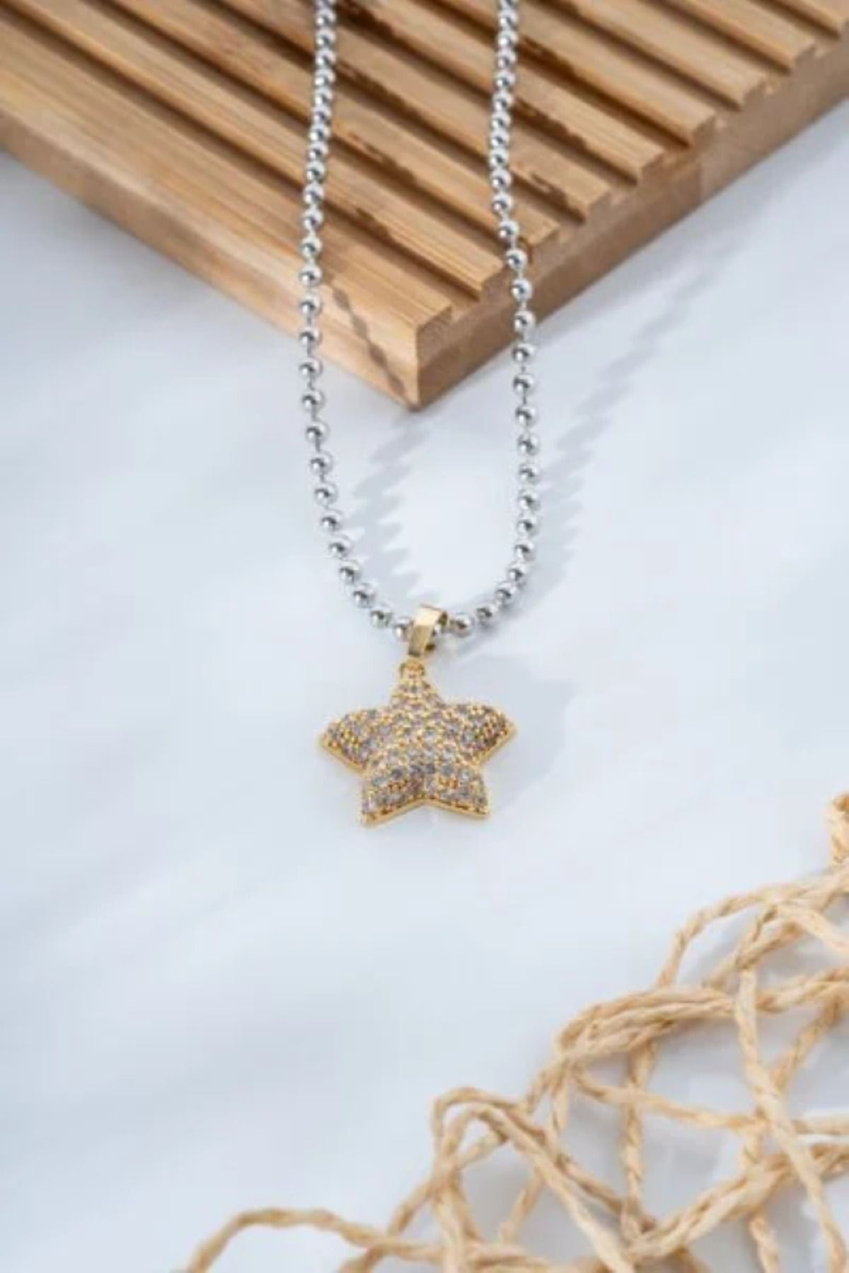 Finesa Jewelry Çelik, Topçuk Zincir Model , Zirkon Taşlı Yıldız Kolye