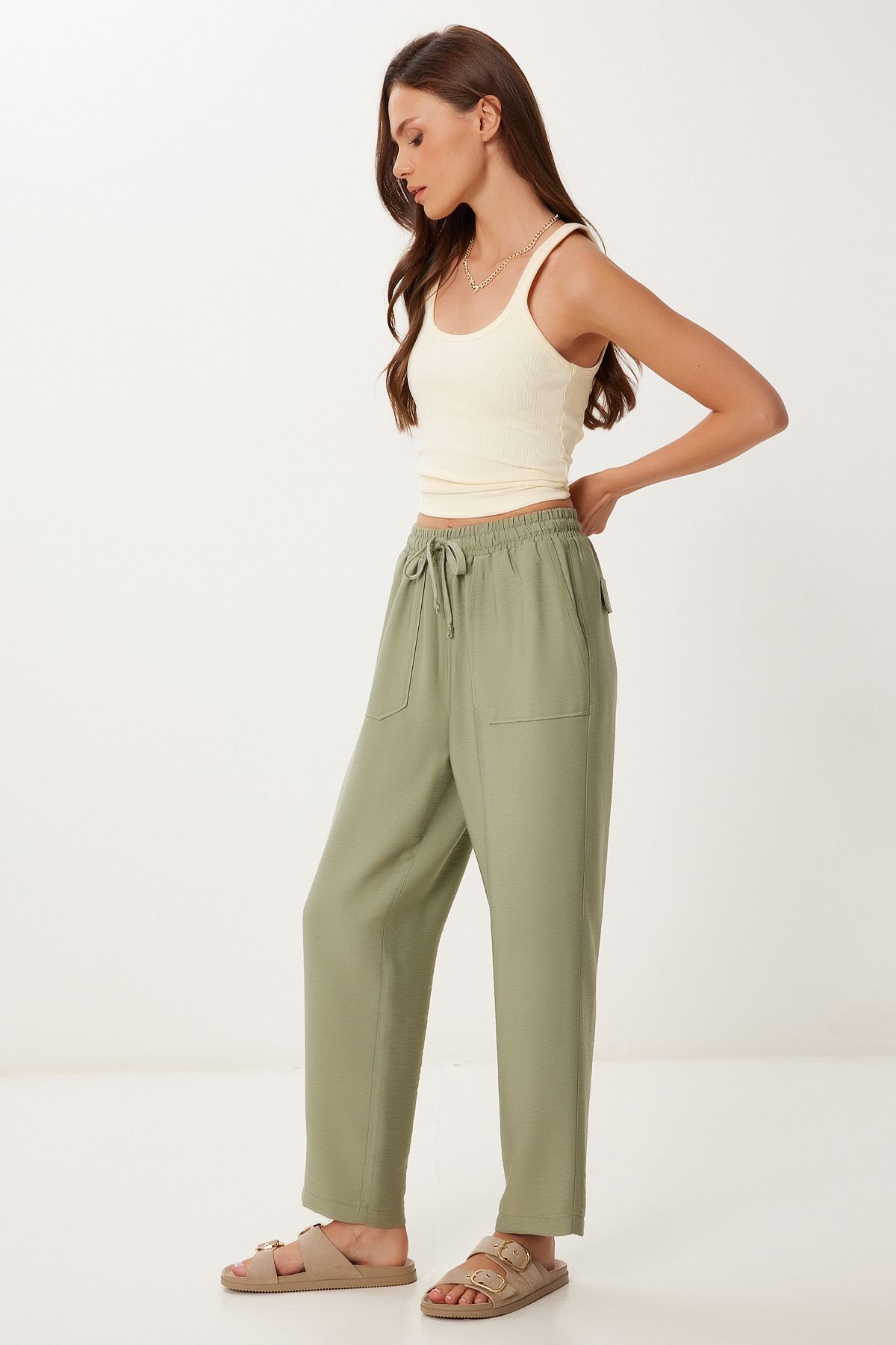 Lovelyİstanbul Cepli Dokuma Şalvar Pantolon HAKİ LMX0094