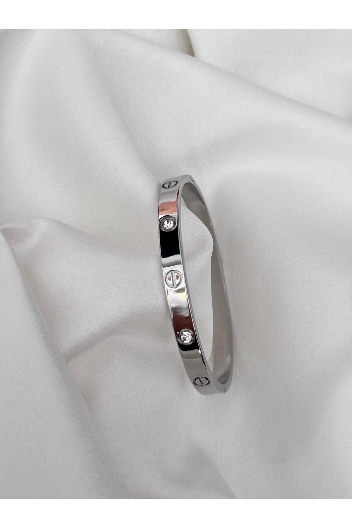 Bellamy Jewelry Çelik Silver Model Kalın Taşlı Kelepçe Bileklik 60mm