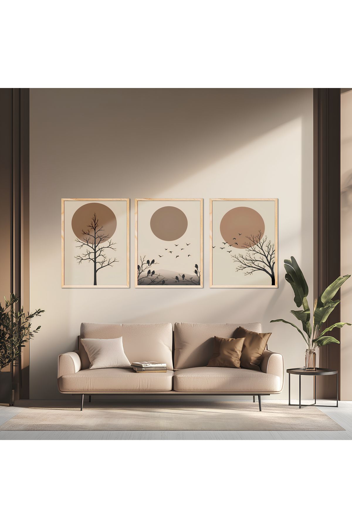 sames decoration Ağaç ve kuşlar soyut sanat çalışması - Üçlü tablo