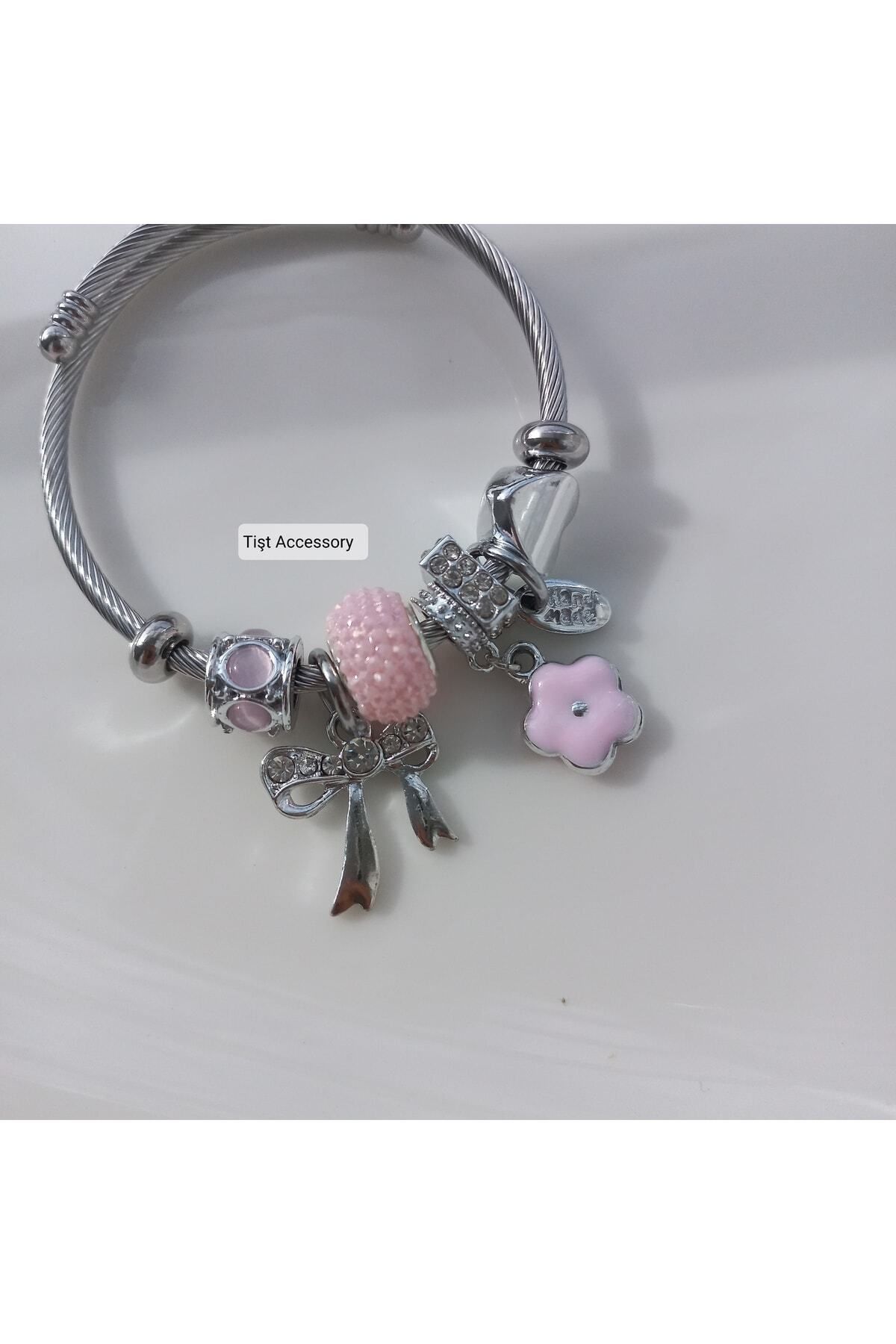 HEDİYEBOHÇAM Pembe Papatya Charmlı Çelik Bileklik