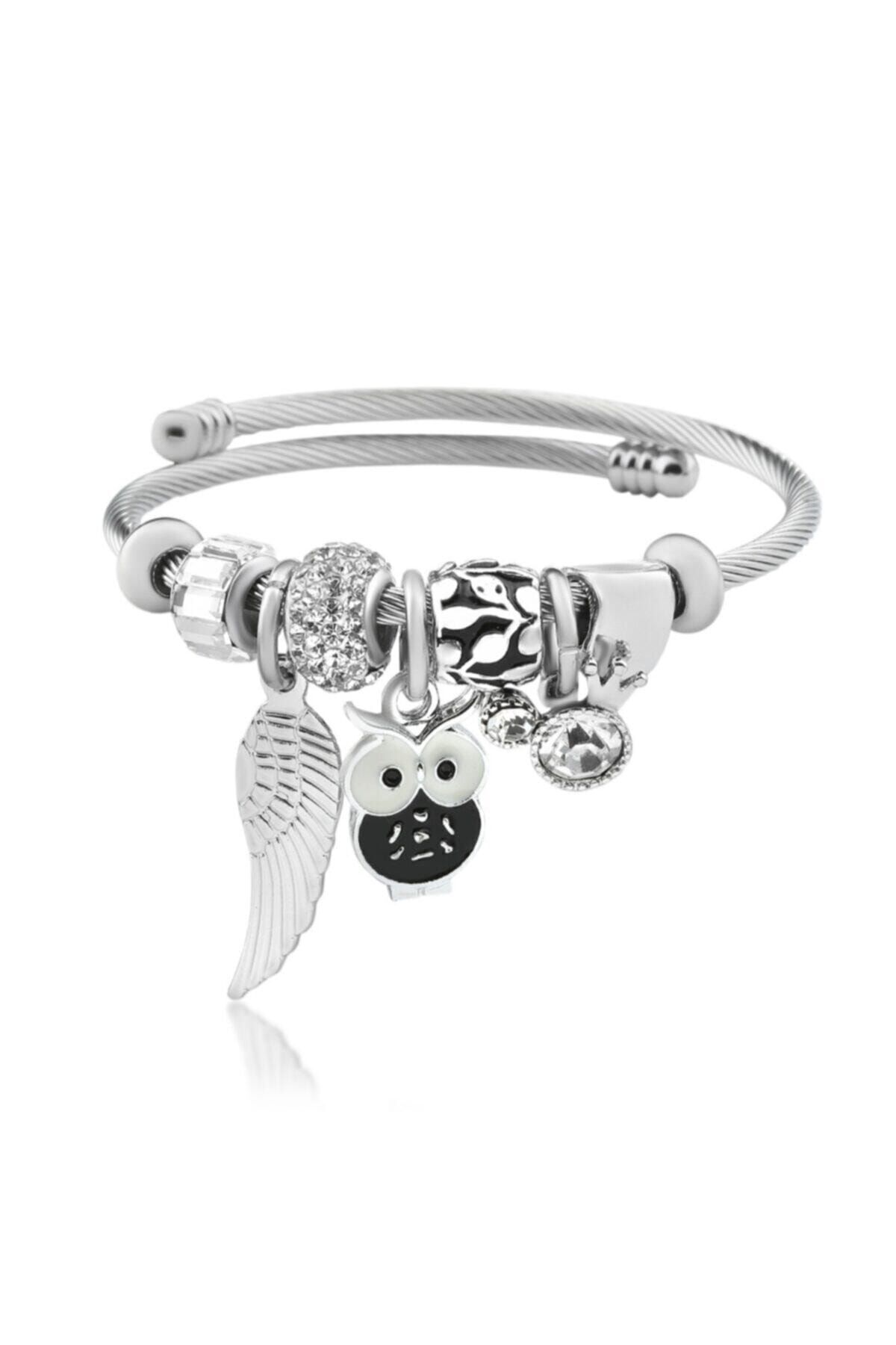 HEDİYEBOHÇAM Baykuş Siyah Charm Zirkon Taşlı Gümüş Bileklik