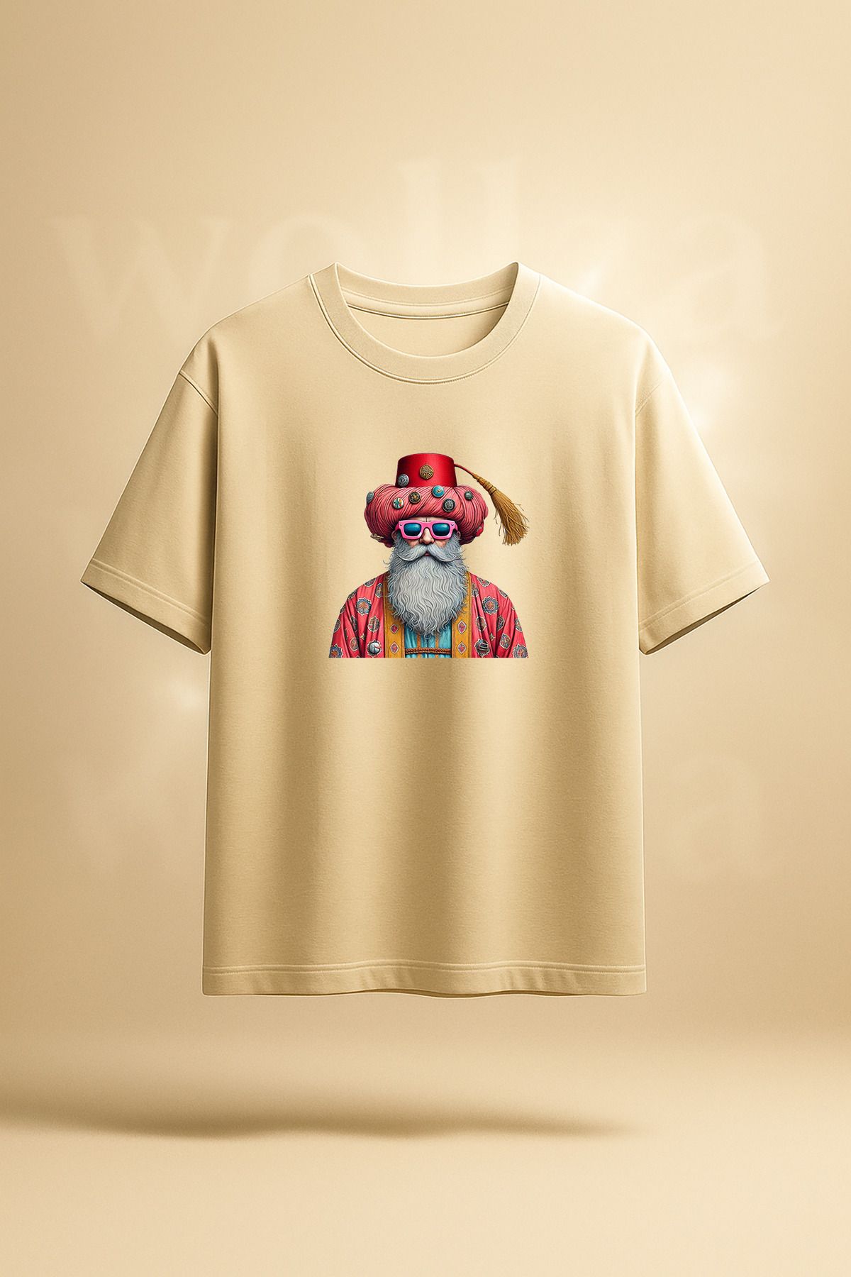 wolka Cool Dede Baskılı Unisex %100 Pamuk Oversize Bisiklet Yaka Bej T-shirt