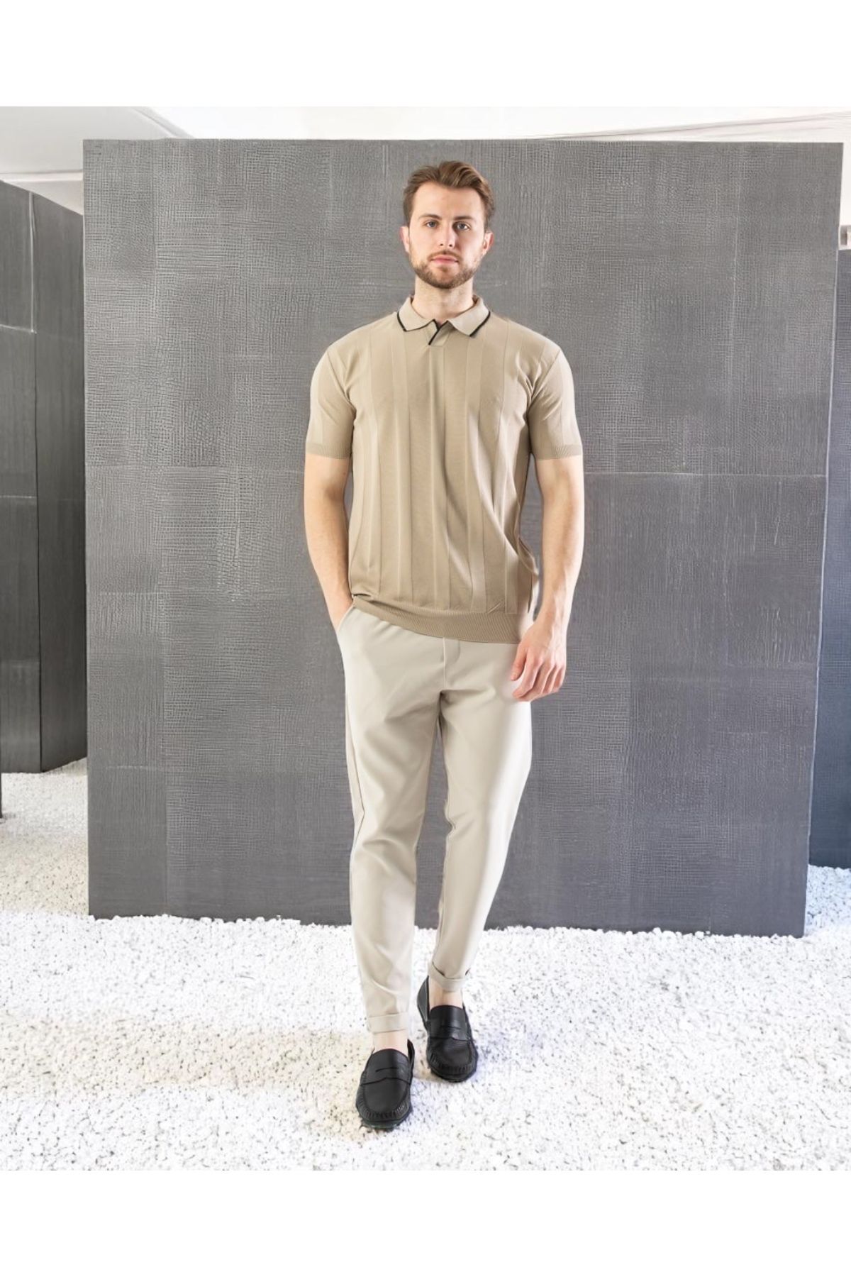 VOGUEMET Erkek Polo Yaka Örgü Tişört | Dikey Desenli Kısa Kollu Yazlık Model