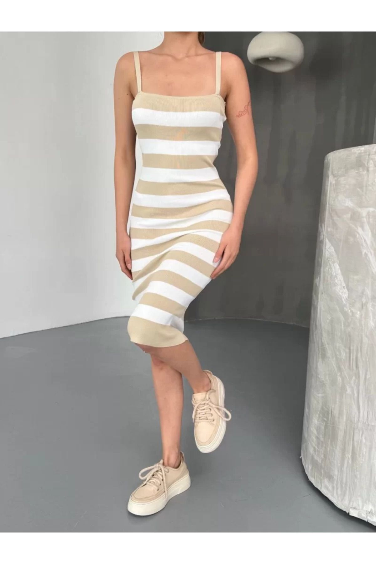 ruum fashions Cizgili Triko Askılı Elbise