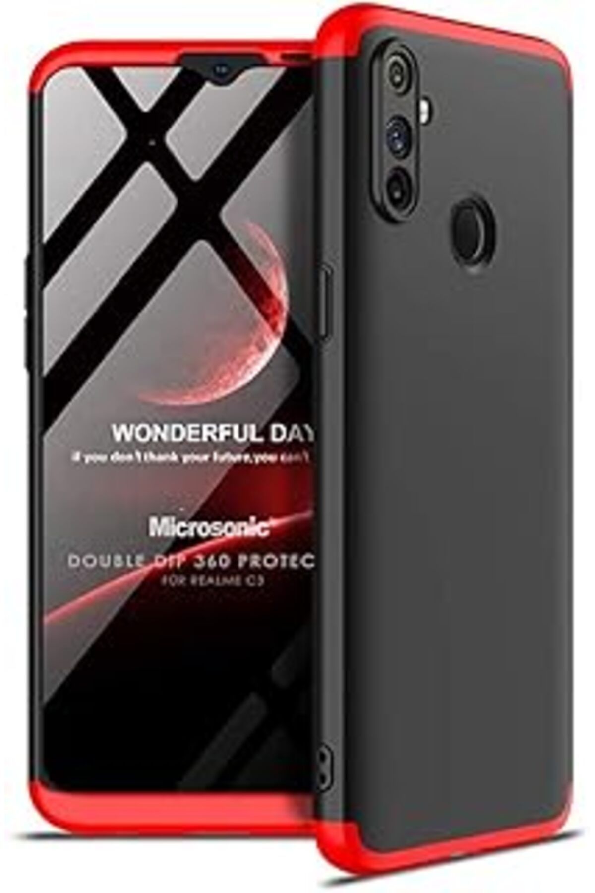 Pazarcan Microsonic Realme C3 Kılıf Double Dip 360 Protective Siyah Kırmızı [Realme C3 Ile Uyumlu Kılıf - Si