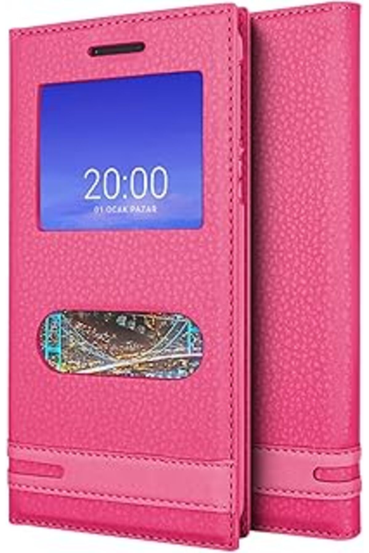 Pazarcan Microsonic Vestel Venüs 5530 Kılıf Dual View Gizli Mıknatıslı Pembe