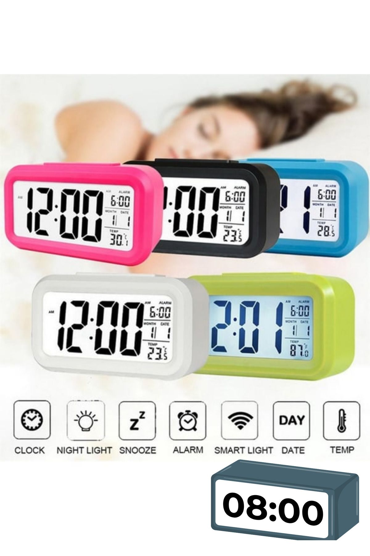 BellaThec Gece Işıklı LCD Dijital Masa Saati Alarm ve Termometre Özellikli Çalar Saat