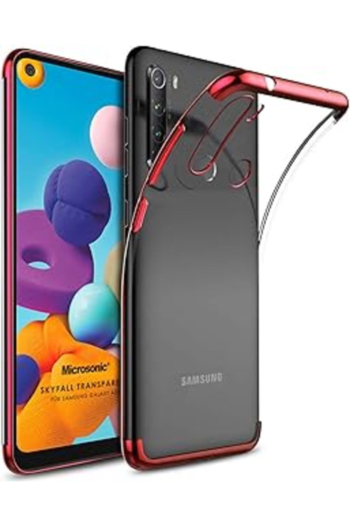 Pazarcan Microsonic Galaxy A21 Kılıf Skyfall Transparent Clear Kırmızı