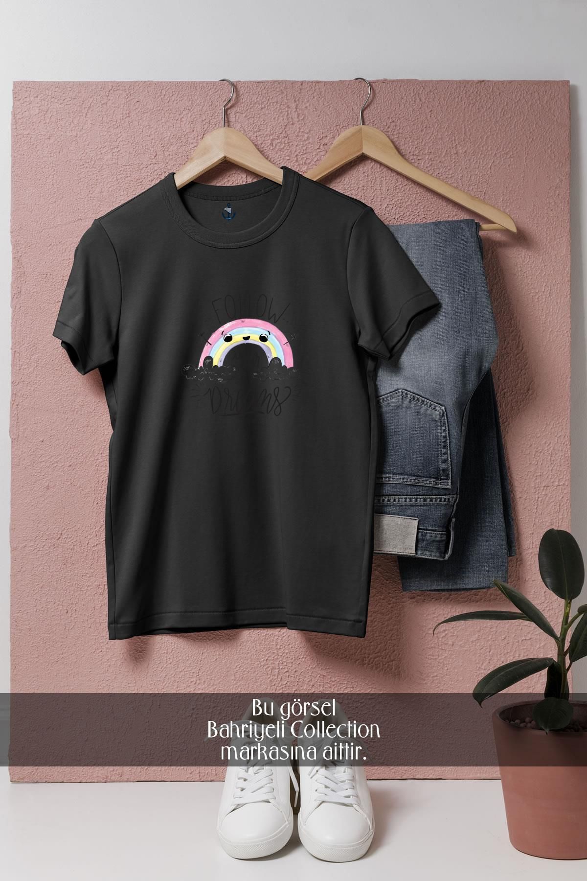 Bahriyeli Collection Oversize Follow Your Dreams Rainbow Tasarımlı Unisex T-Shirt