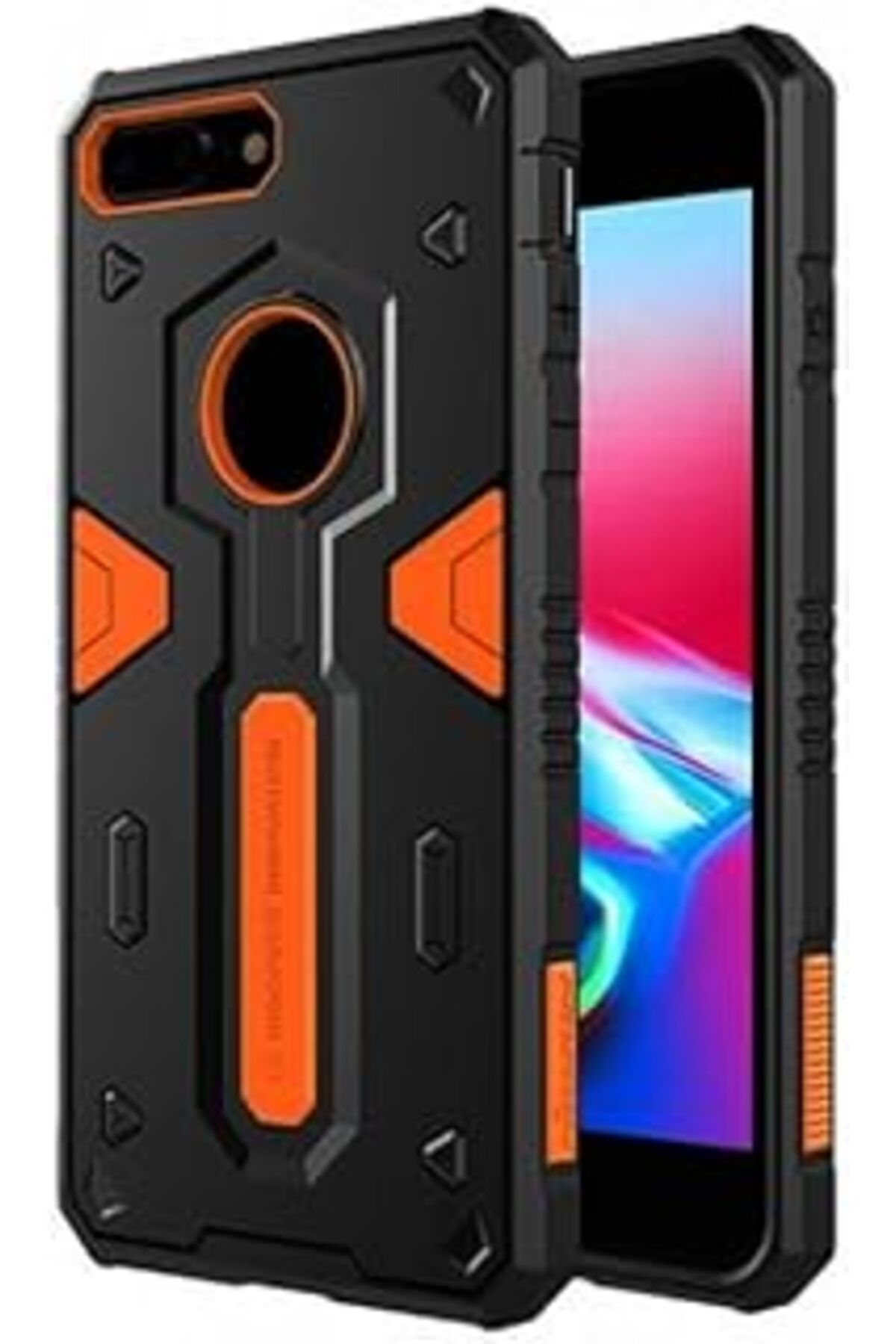 Pazarcan Iphone 7 Plus/8 Plus Uyumlu Defender Sert Tpu Kılıf, Stand Özellikli, Logo Gösterimli, Siyah/Turunc