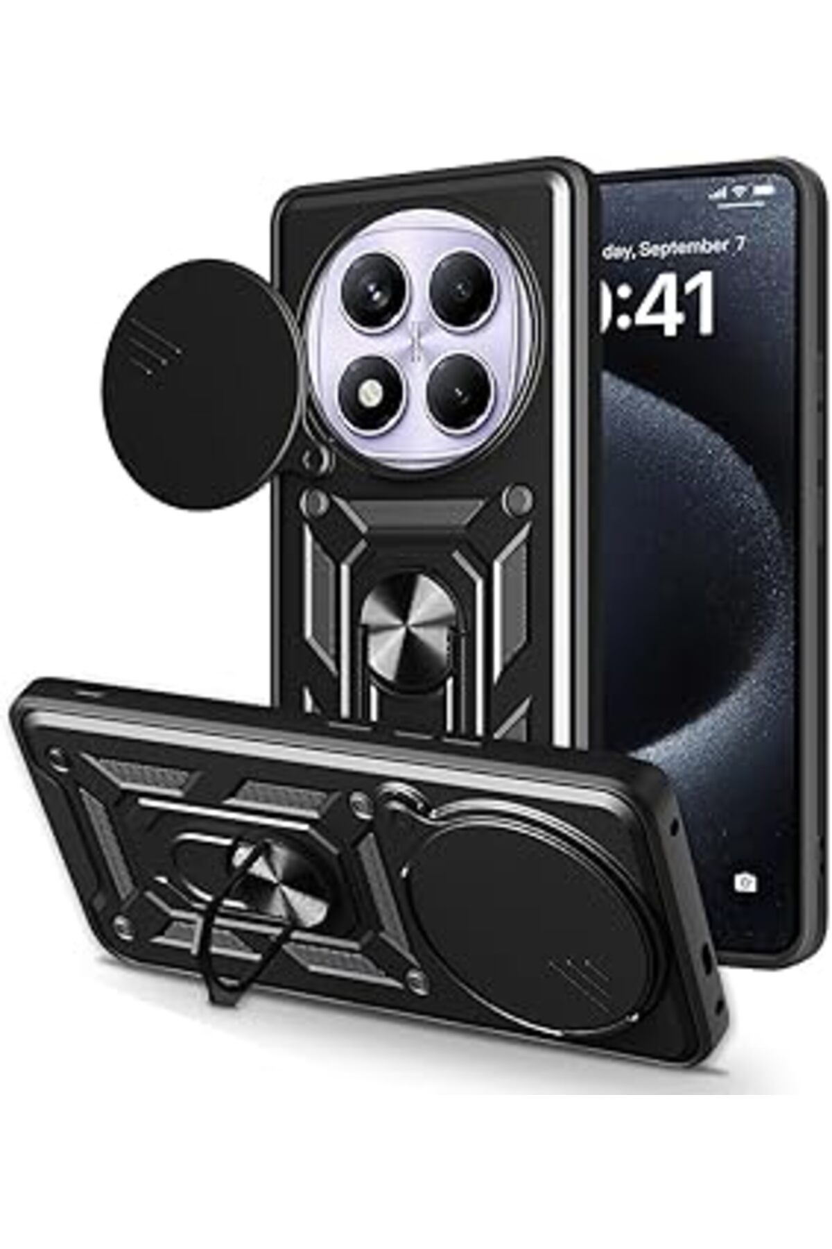 Karachil Spia Xiaomi Redmi Note 14 Pro 4G Ile Uyumlu Kılıf Sürgülü Siyah Panther Yüzüklü Silikon Orijinal (X