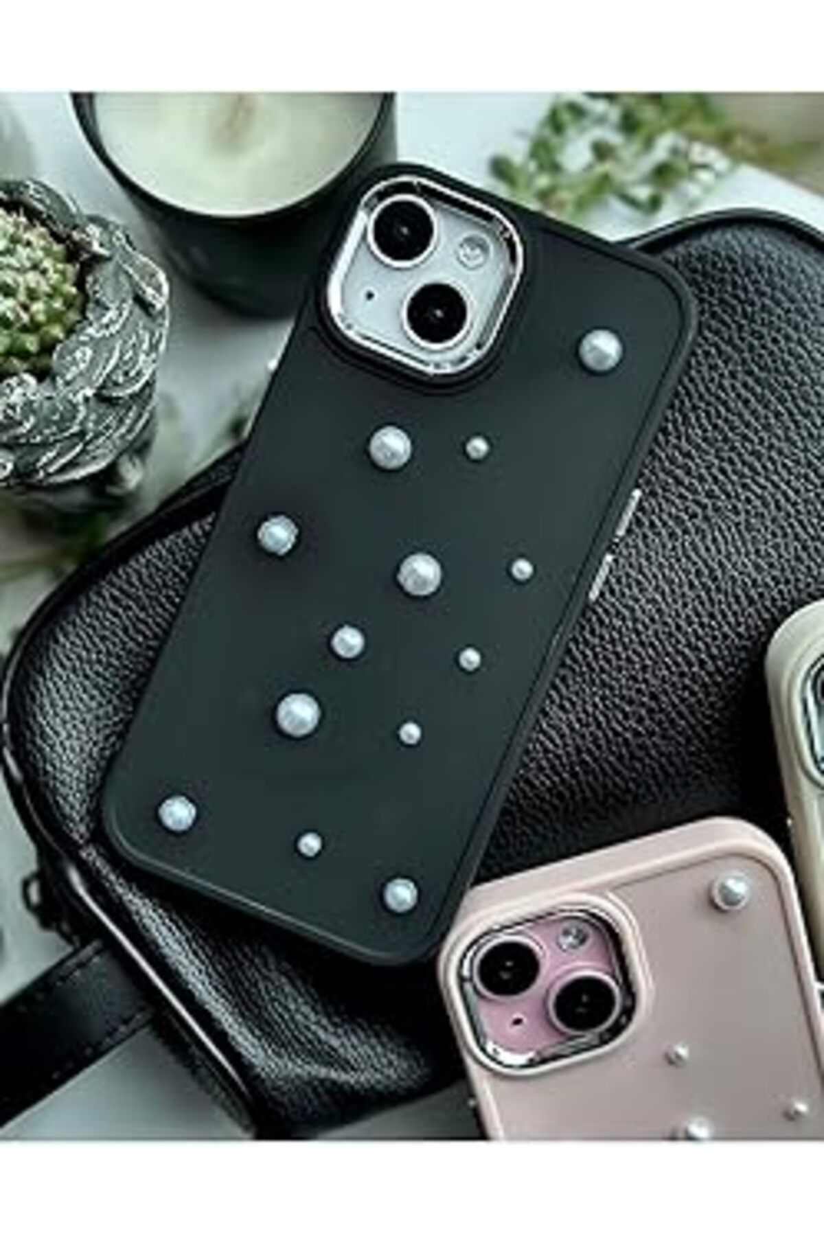 Karachil Go Aksesuar Iphone 14 Plus - 15 Plus Uyumlu Pearl Tasarımlı Oyuncaklı Silikon Kılıf - Siyahpearl