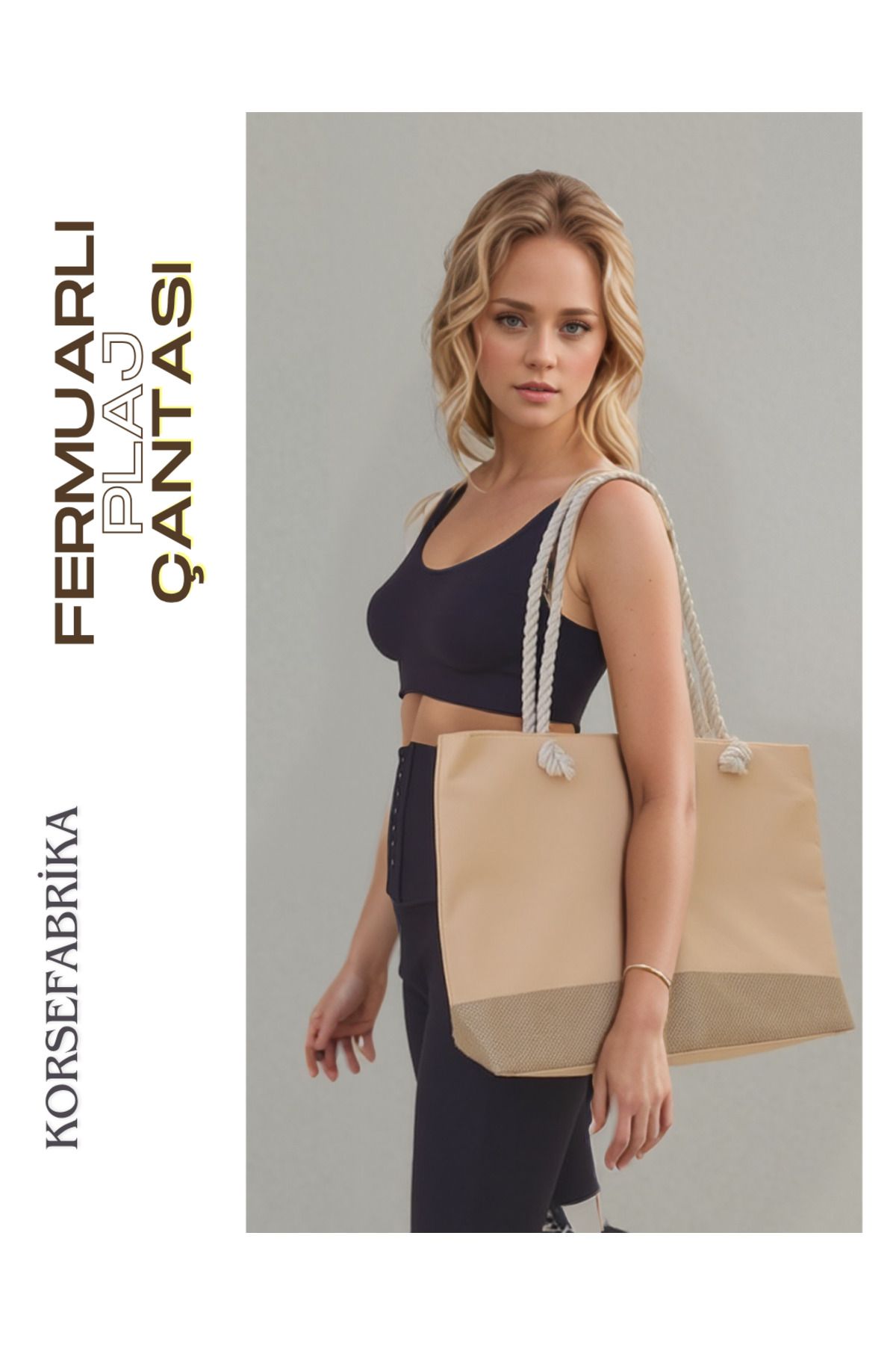 korsefabrika trend mood store İp Askılı Fermuarlı Geniş İç Hacimli Astarlı Hasır Günlük- Alışveriş- Spor- Piknik ve Plaj Çantası