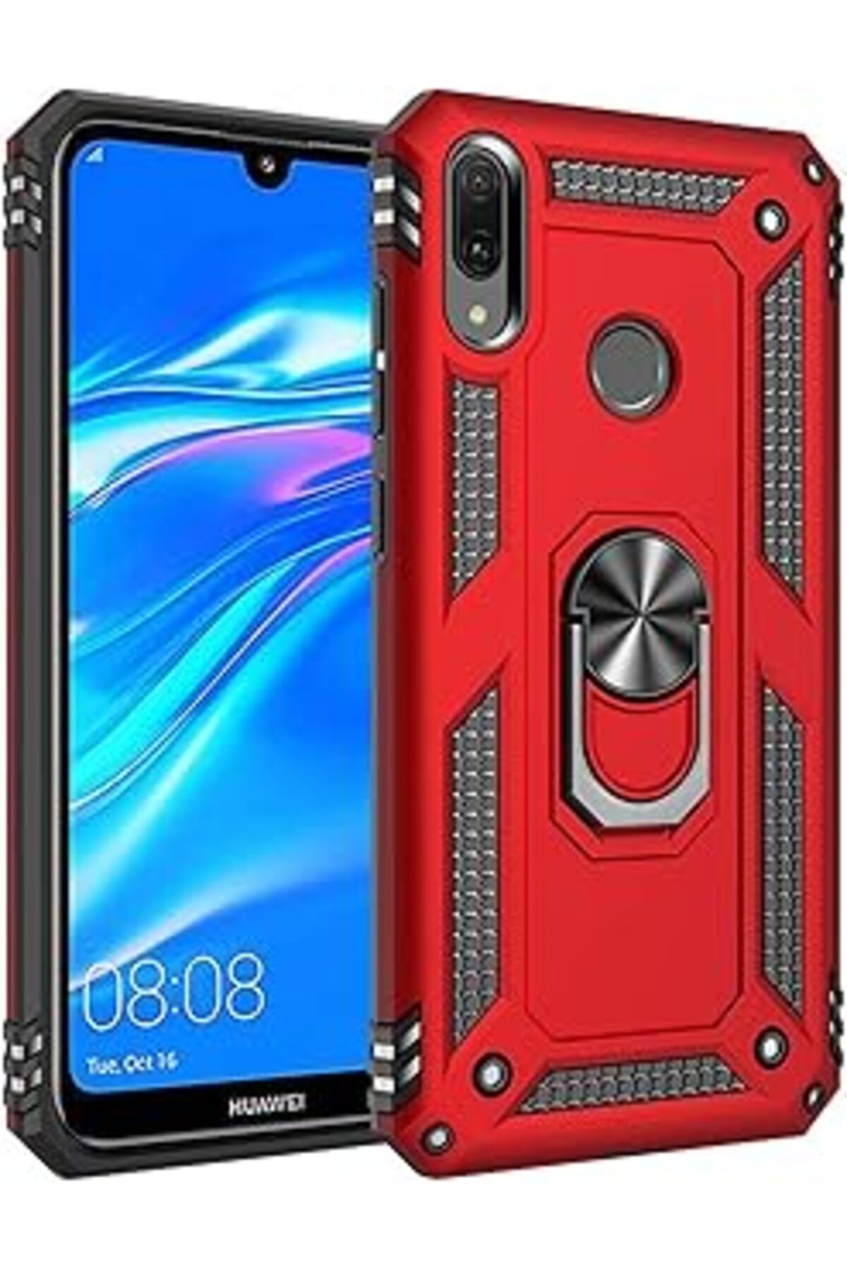 Pazarcan Microsonic Huawei Y7 Prime 2019 Kılıf Military Ring Kırmızı [Y7 Prime 2019 Ile Uyumlu Kılıf - Kırmı