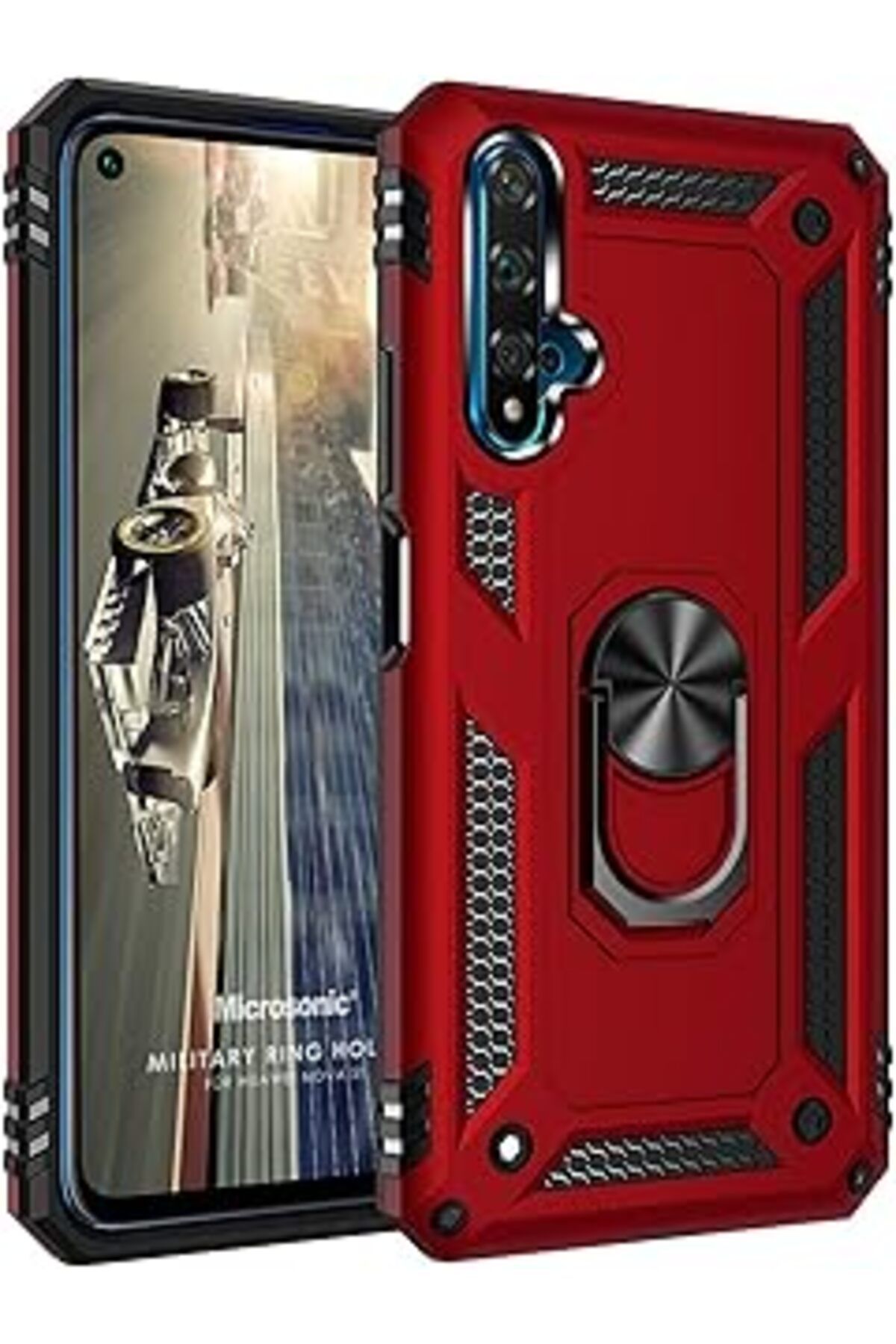 Pazarcan Microsonic Huawei Nova 5T Kılıf Military Ring Kırmızı [Nova 5T Ile Uyumlu Kılıf - Kırmızı]