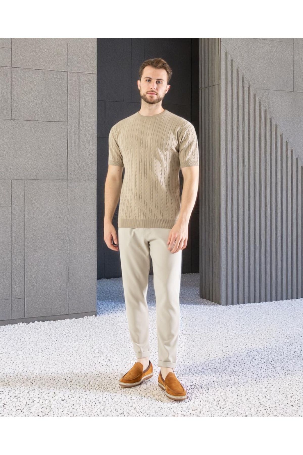 VOGUEMET Erkek Bisiklet Yaka Örgü Tişört | Yazlık Kısa Kollu Slim Fit Kazayağı Dokulu