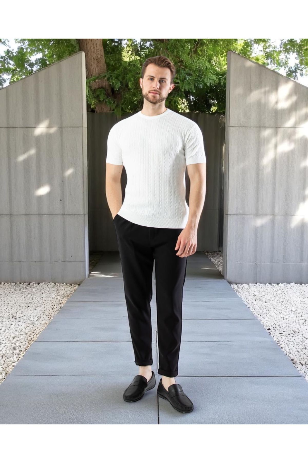 VOGUEMET Erkek Bisiklet Yaka Örgü Tişört | Yazlık Kısa Kollu Slim Fit Kazayağı Dokulu