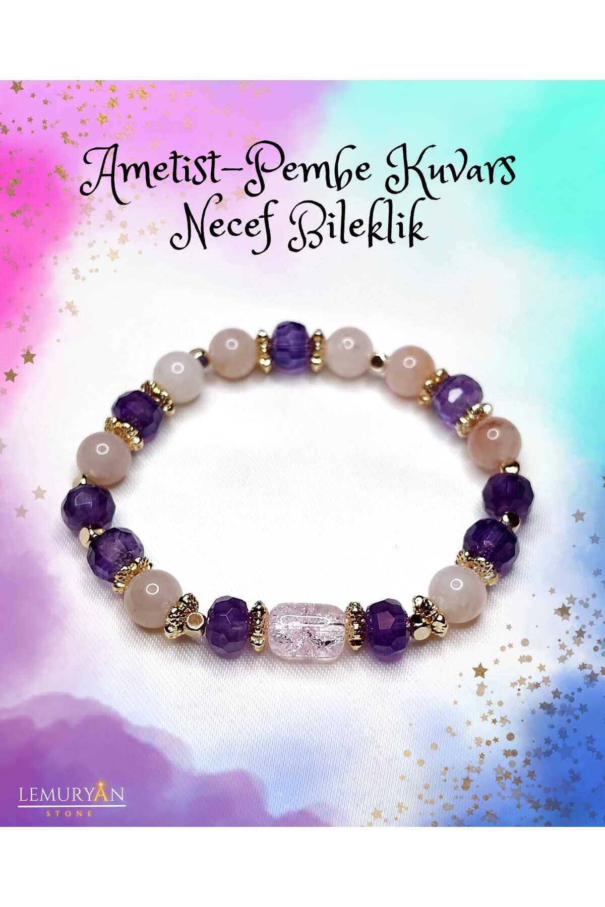 Herkimer Doğal Taş Ametist - Pembe Kuvars - Necef Taşı Kadın Tasarım Doğaltaş Bileklik