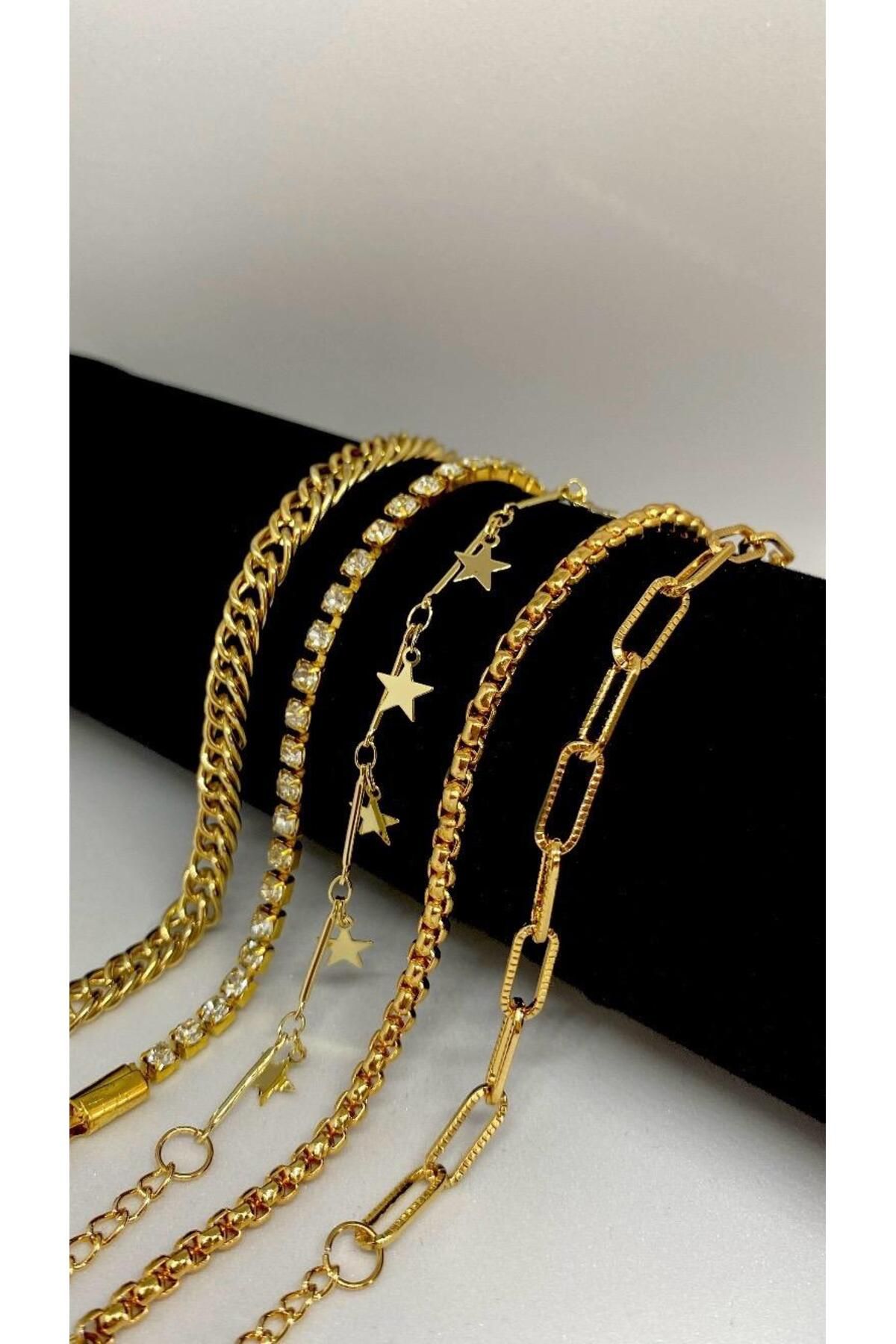 Axuu Collection 5 Parçalı Gold Renk Kadın Bileklik Seti Kadın Bileklik Kombini Altın Rengi Bileklik Set