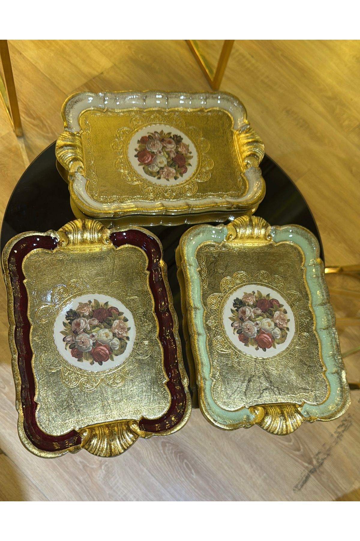 masi ESTERHOMEDECOR 3’lü Tek kişilik orijinal Gül ağacı çiçekli dikdörtgen sunum tepsisi 30cm Masi