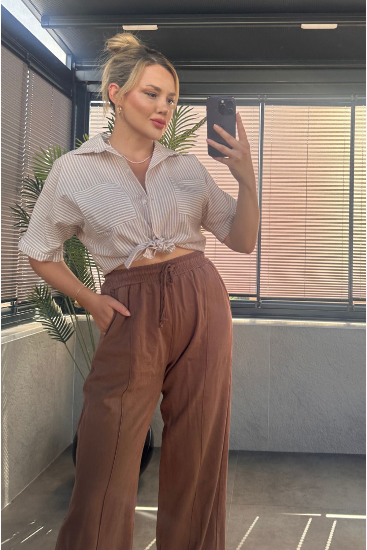 MİR STORE Camel Çizgili Bağlama Detaylı Gömlek