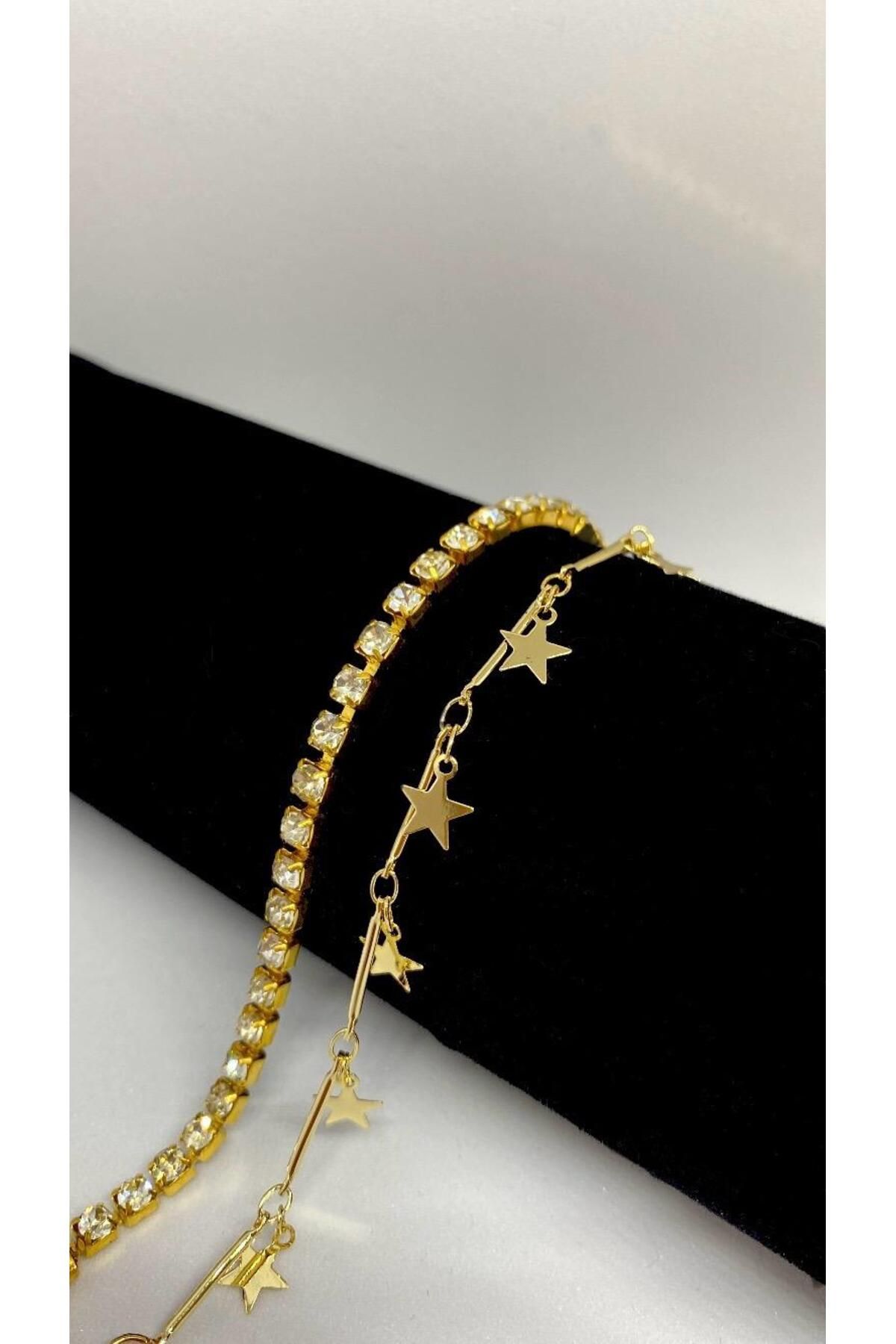 Axuu Collection 2 Parçalı Kadın Bileklik Kombini Yıldızlı Bileklik Gold Su Yolu Altın Rengi Bileklik Seti