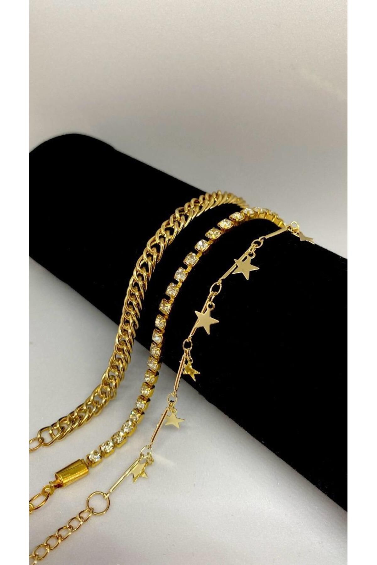 Axuu Collection 3 Parçalı Gold Renk Kadın Bileklik Seti Kadın Bileklik Kombini Altın Rengi Bileklik Kombini