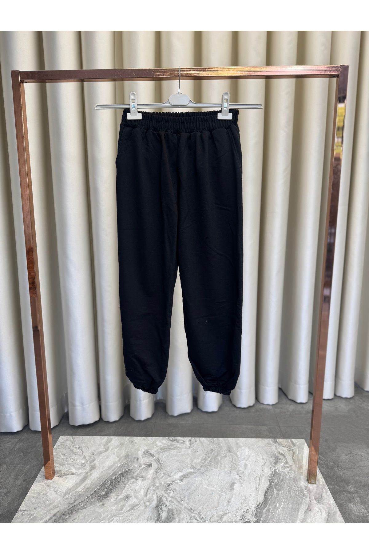 PELTEX Kadın Siyah 2 İplik Beli Paçası Lastikli Eşofman Altı (BOY 90CM)