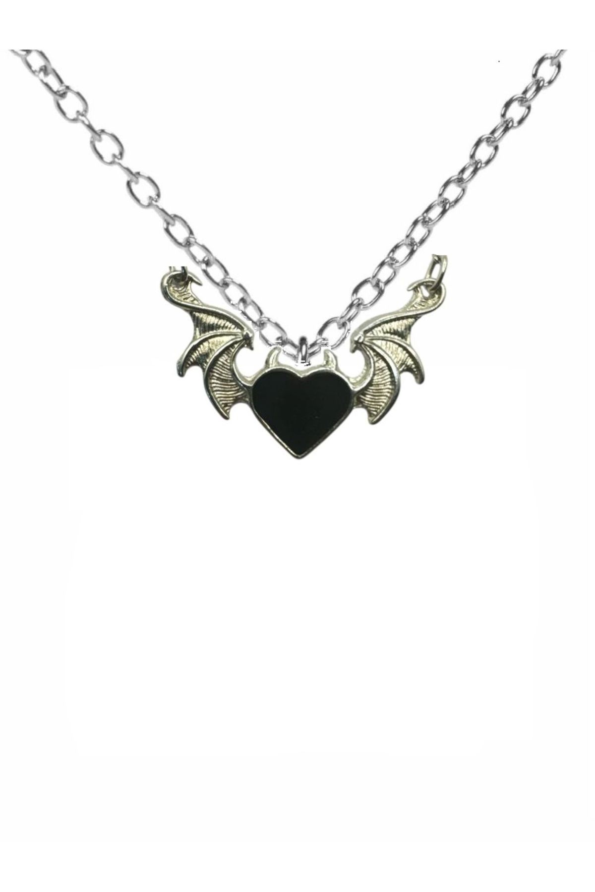 Herşey Nota Gothic Siyah Kalp Heart Decor Çift Kanat Figürlü Unisex Kolye – 60 cm Zincirli, Gotik ve Asi Stil