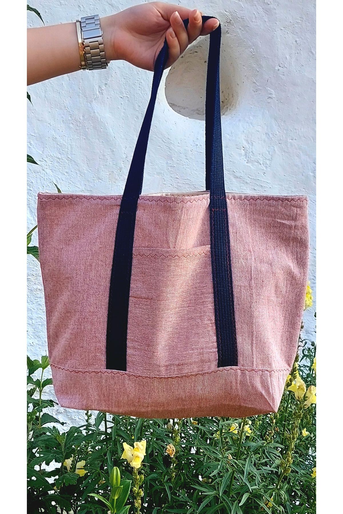 Mio Vero Orta Boy Pudra Pembe Buldan Totebag – Çift Cepli, Doğal Pamuk Astar, Fonksiyonel Şık Tasarım