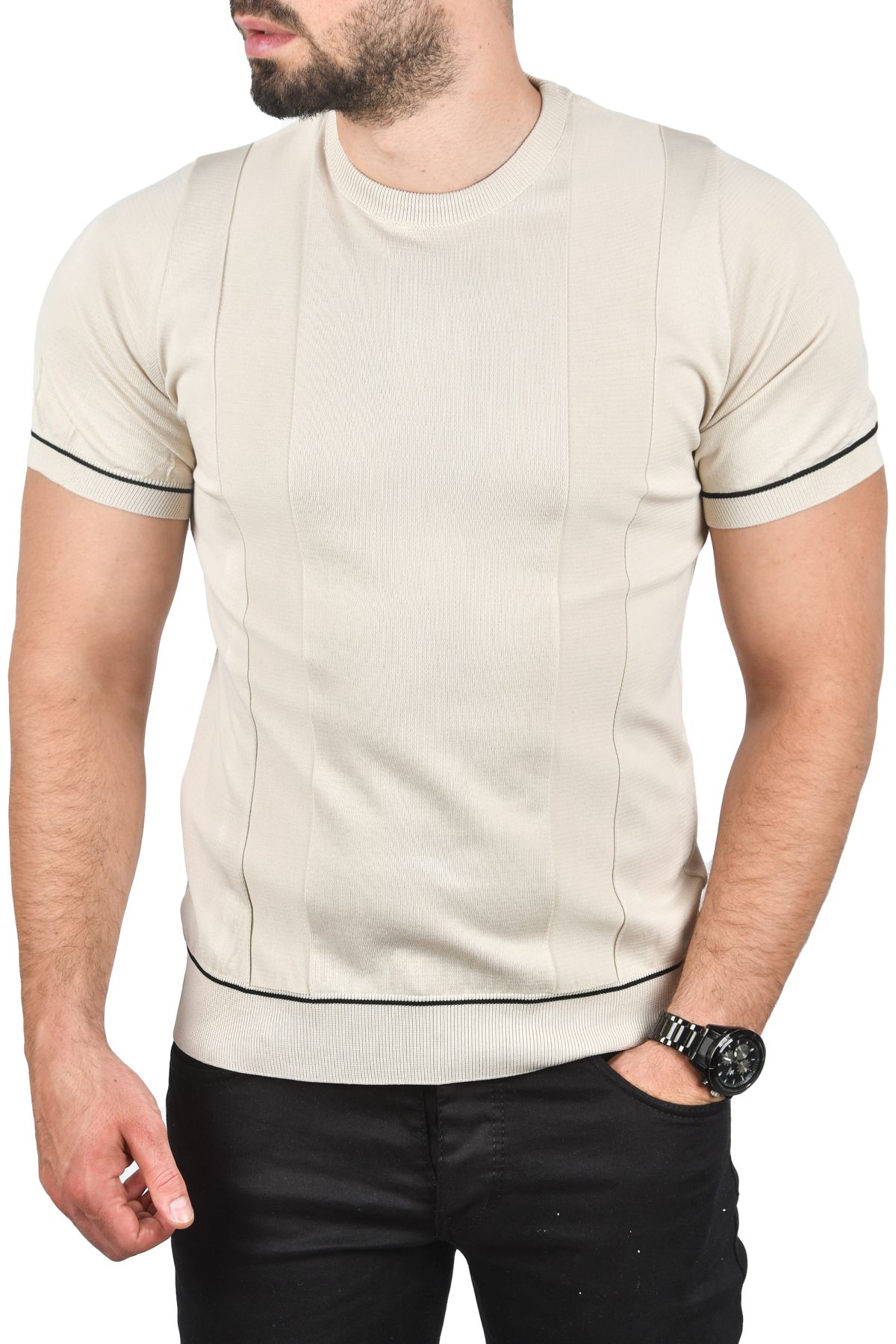 Rizz up Erkek Bej Dar Kesim Pamuklu Tişört Slim Fit Nefes Alan Bisiklet Yaka Triko Tişört 2504347