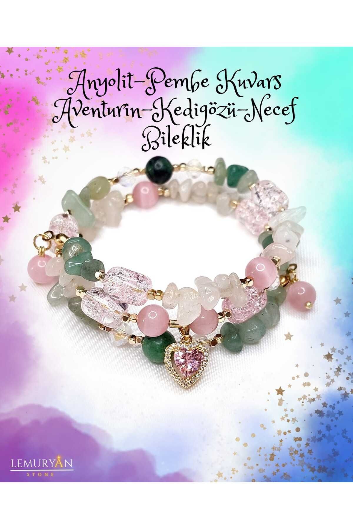 Herkimer Doğal Taş Anyolit - Pembe Kuvars Aventurin - Kedigözü - Necef Taşı Helozon Doğaltaş Bileklik