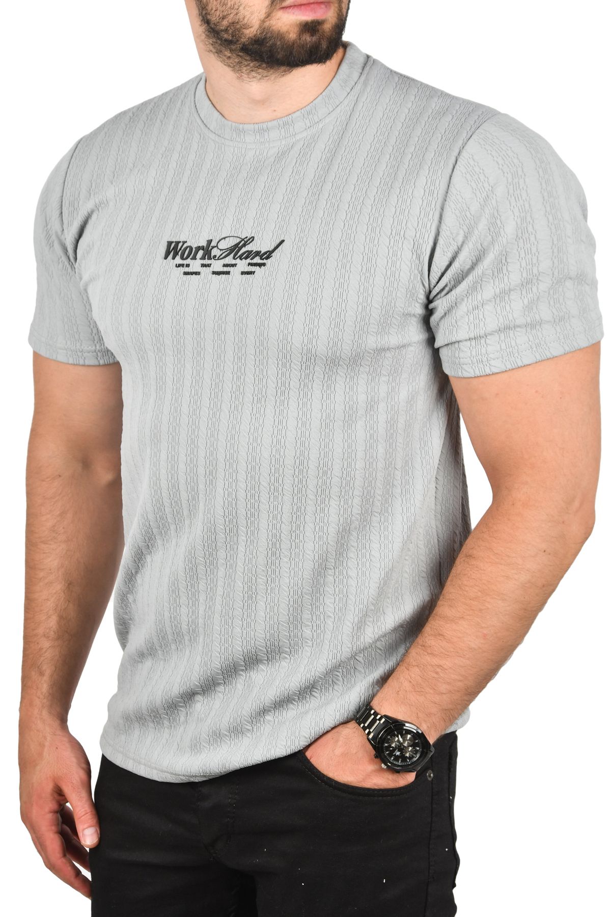 DeepSEA Erkek Gri Dar Kesim Pamuklu Tişört Slim Fit Nefes Alan Yumuşak Dokulu Tişört 2504351