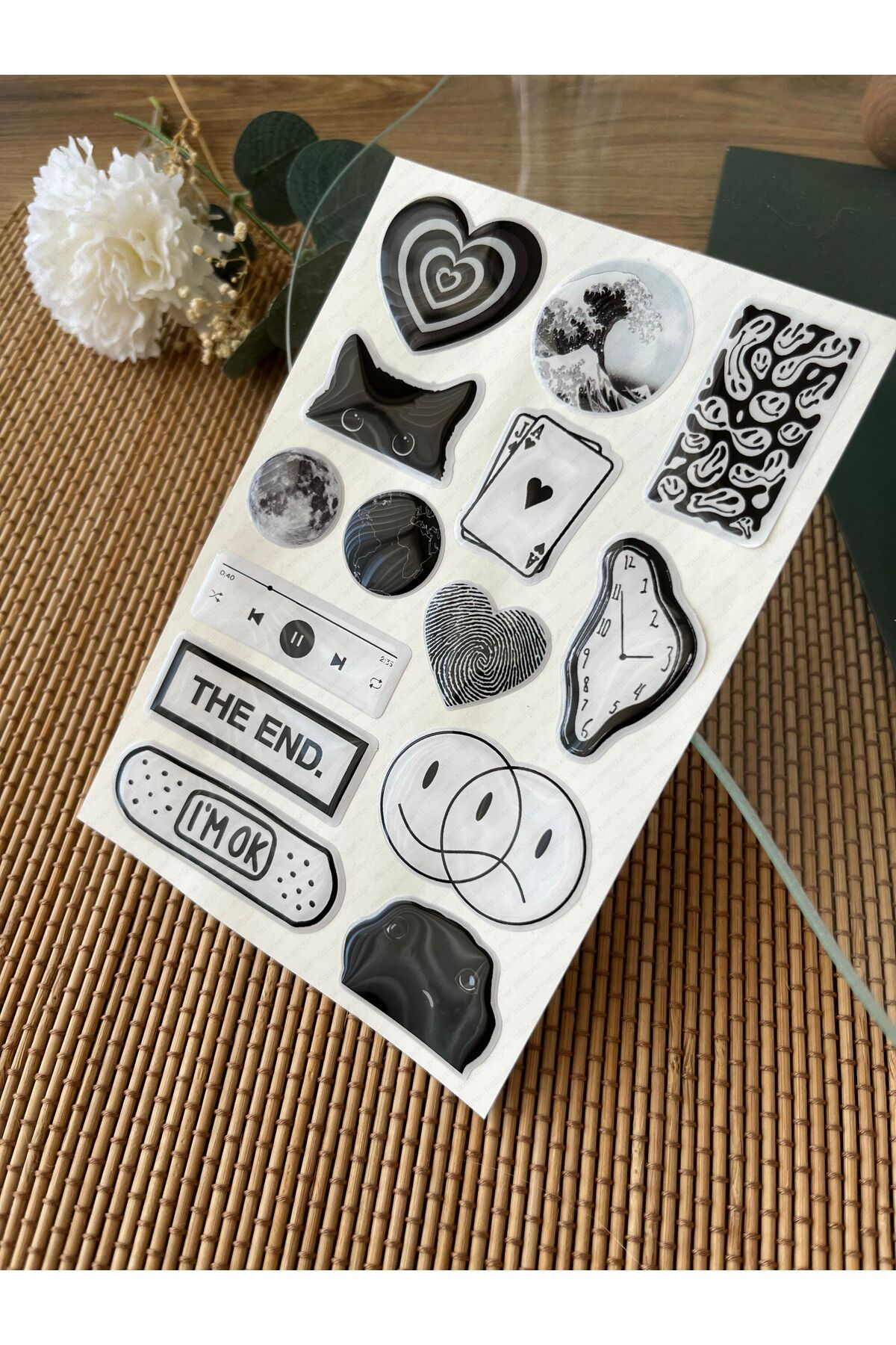 hdsticker Siyah Premium 3D Görünümlü Göz Alıcı Parlak Kabartmalı Sticker Seti - Telefon Kılıfı Süsü, Etiket