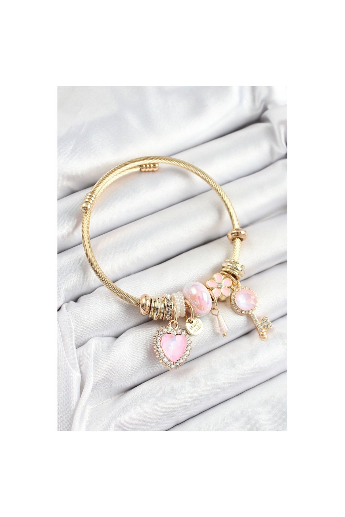 Skygo 316L Çelik Pembe Zirkon Taşlı Anahtar Ve Kalp Model Gold Renk Charm Bileklik - TJ-BB7322