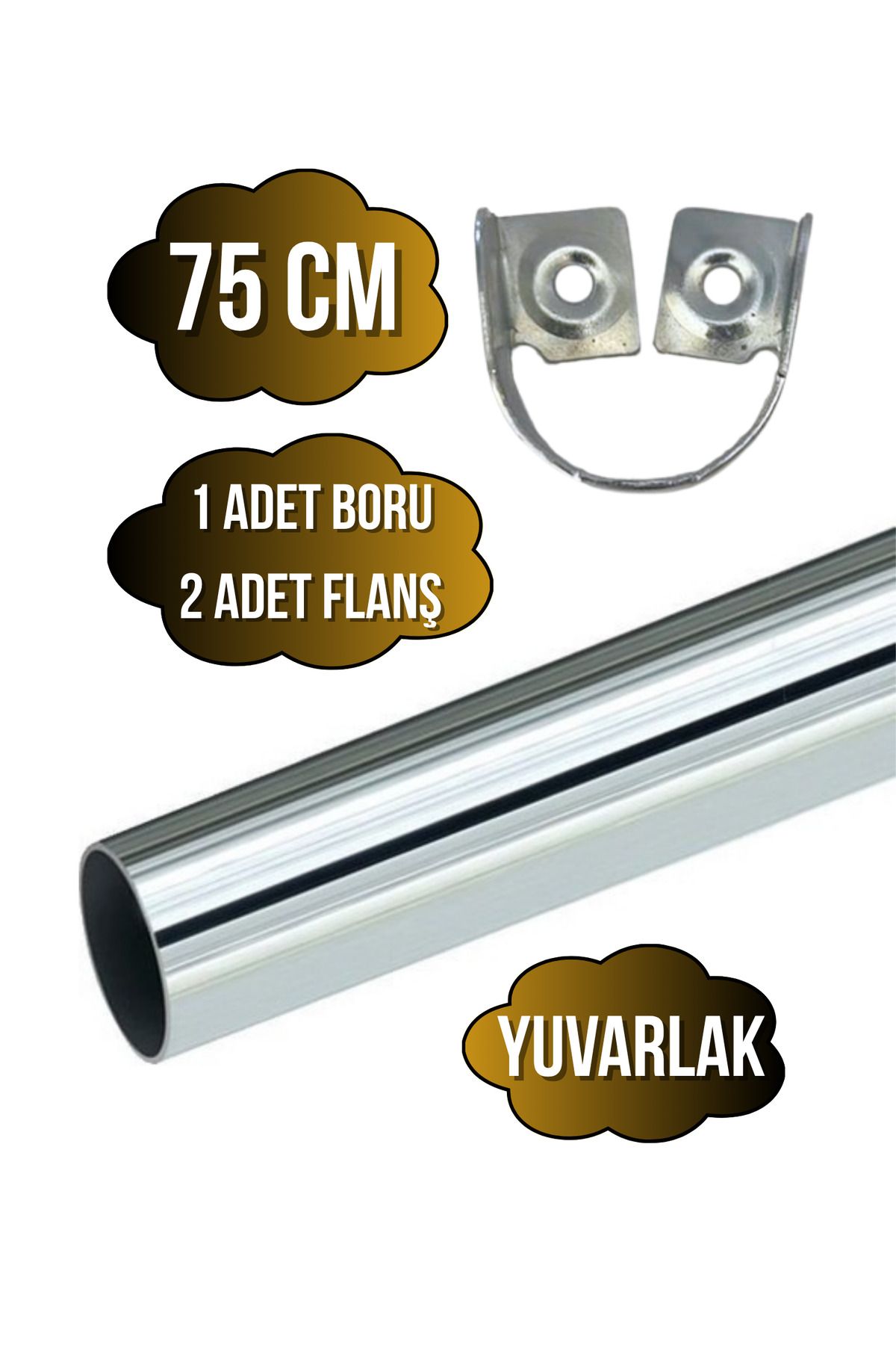 DSYapıAksesuar Metal Yuvarlak Krom Mobilya Dolap Askı Borusu(75CM)(2 ADET FLANŞ-1 ADET BORU)(ÇAP:25MM)