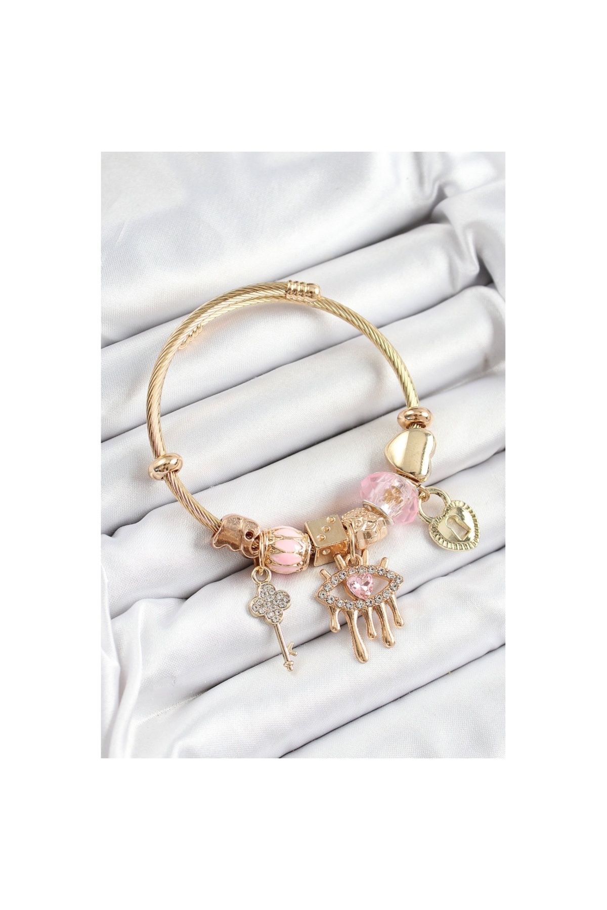Skygo 316L Çelik Pembe Zirkon Taşlı Kilit Göz Ve Anahtar Model Gold Renk Charm Bileklik - TJ-BB7299