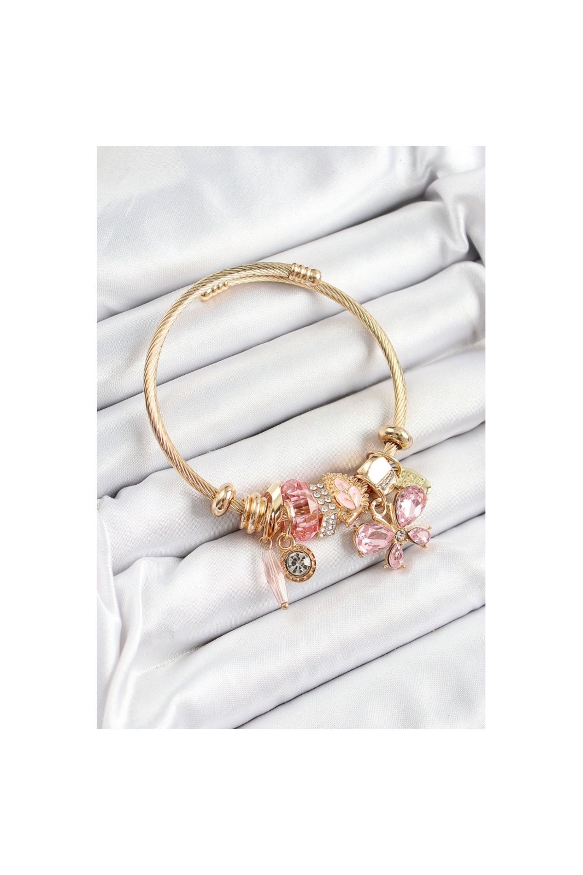 Skygo 316L Çelik Pembe Zirkon Taşlı Kelebek Model Gold Renk Charm Bileklik - TJ-BB7326