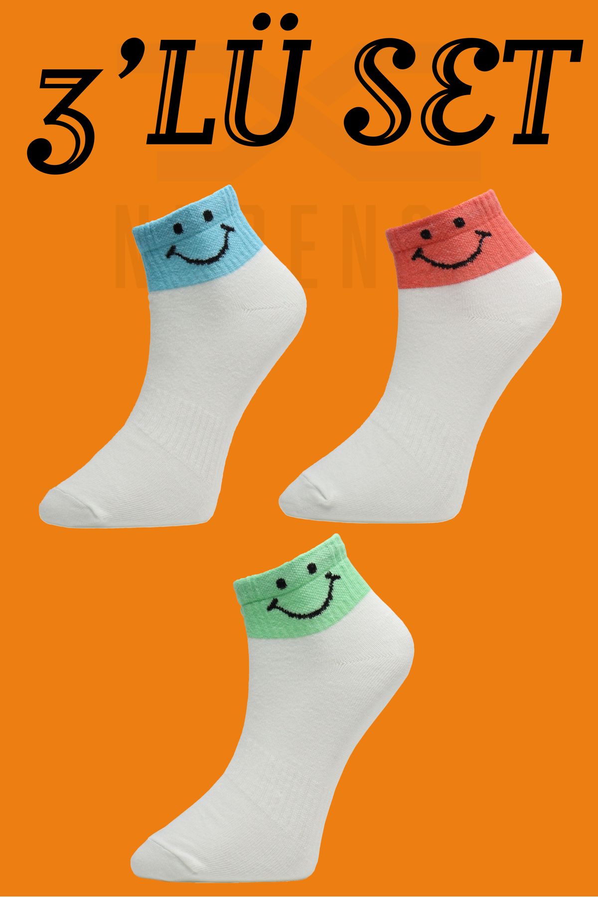 TUGSA DESING NUBENSE / Renkli Smile Tasarımlı Parfümlü Rahat Pamuk Beyaz Günlük Çorap (3'LÜ SET-5)