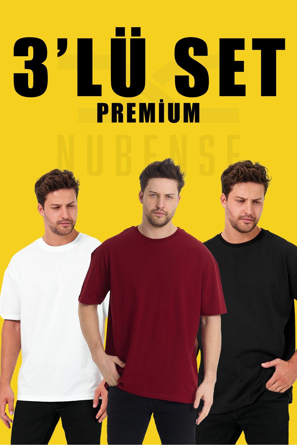 Uniquetex NUBENSE / Oversize Unisex Sade Pamuklu Simit Yaka T-shirt (Set Tişört -3)