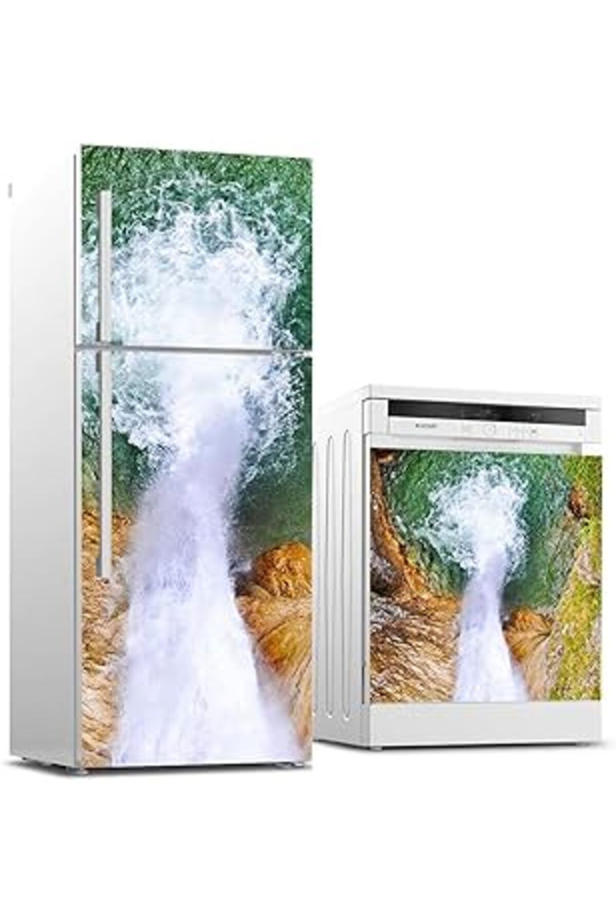 Mu Art Ahşap Buzdolabı Ve Bulaşık Makinası Beyaz Eşya Sticker Kaplama Ters Şelale