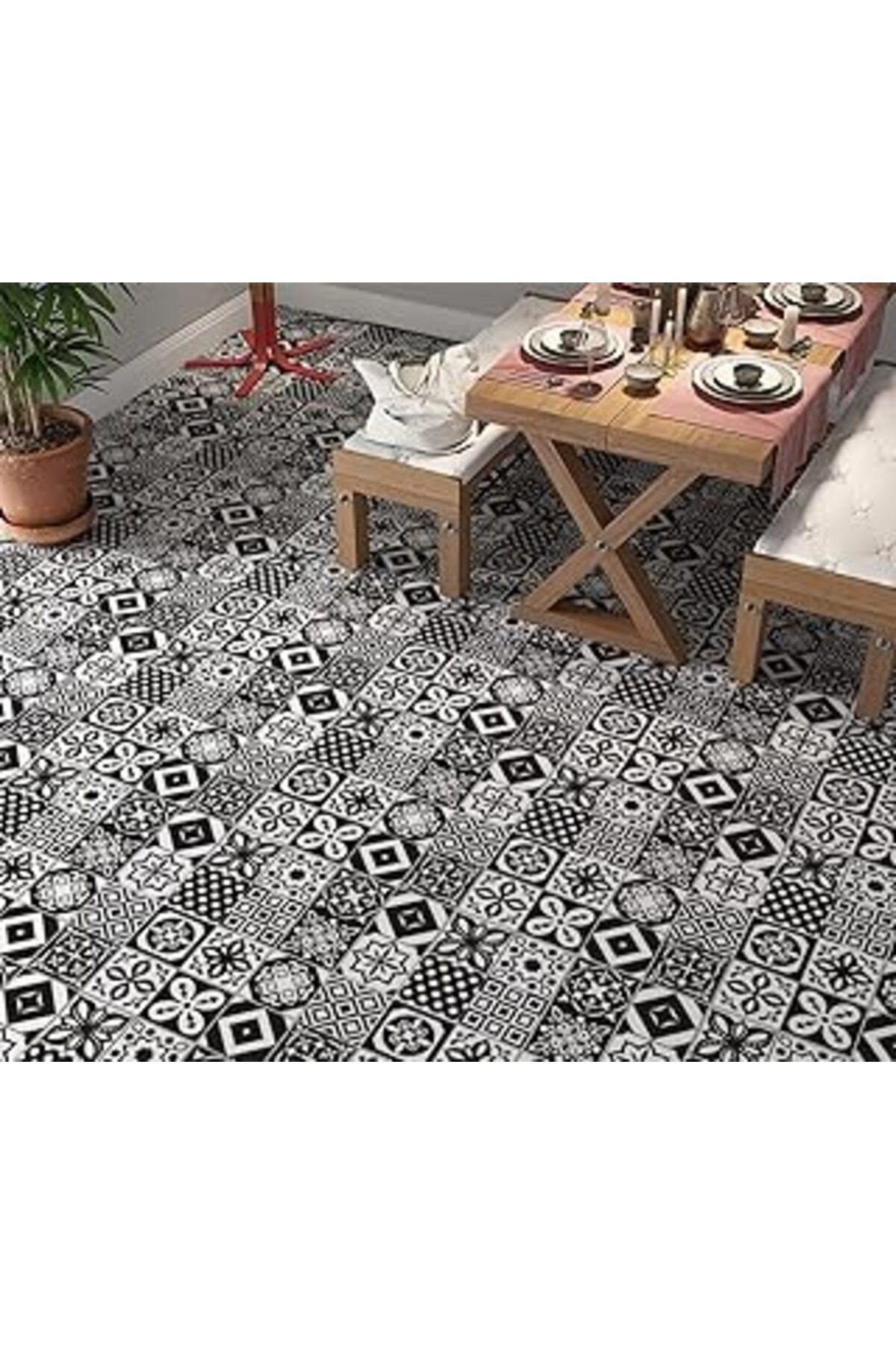 Karachil Stickerart Yer Kaplama Zemin Kaplama Folyosu 65X130 Cm Siyah Beyaz Fayans
