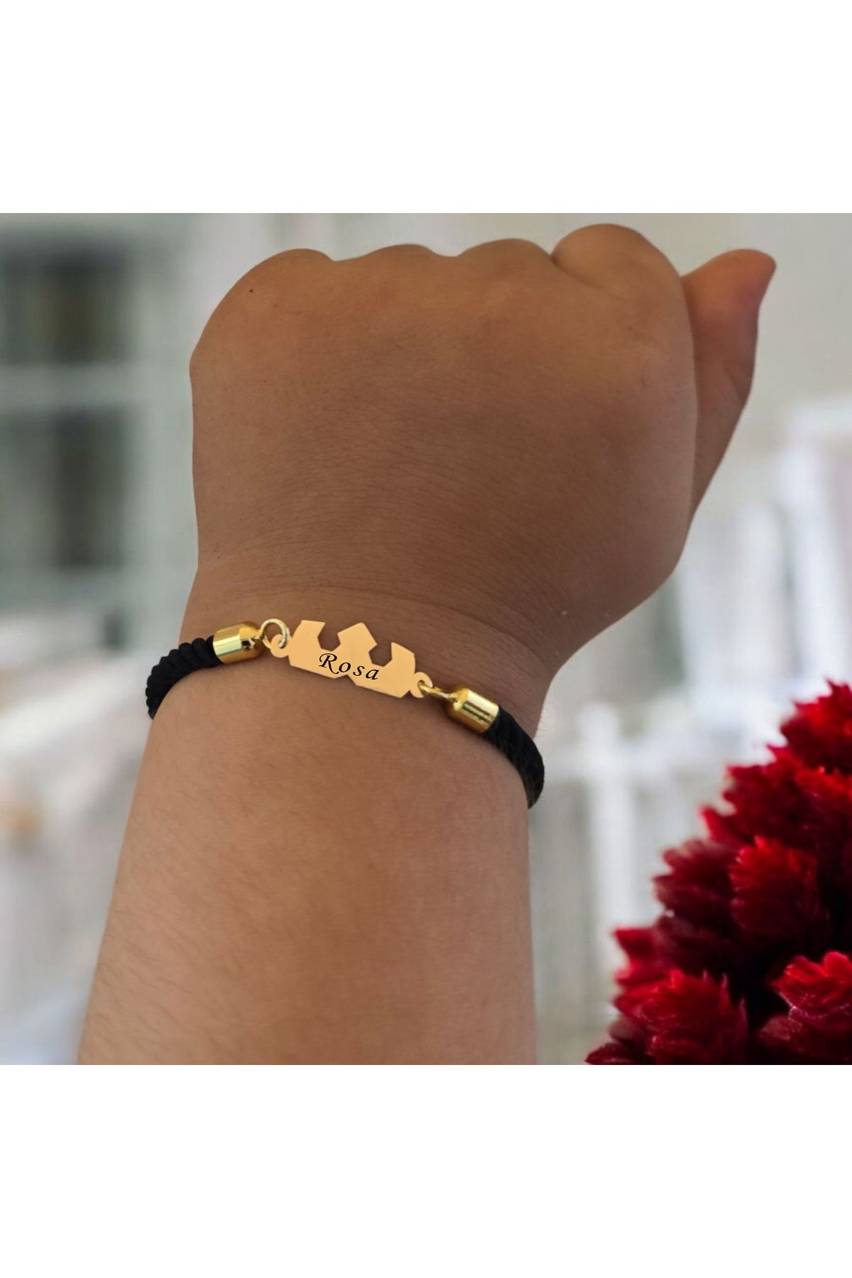 ARCHINO GOLD Rosa İsmine Özel 14 Ayar Altın Plakalı Siyah Örgü İpli Taç Figürlü Hediye Bileklik-507isim