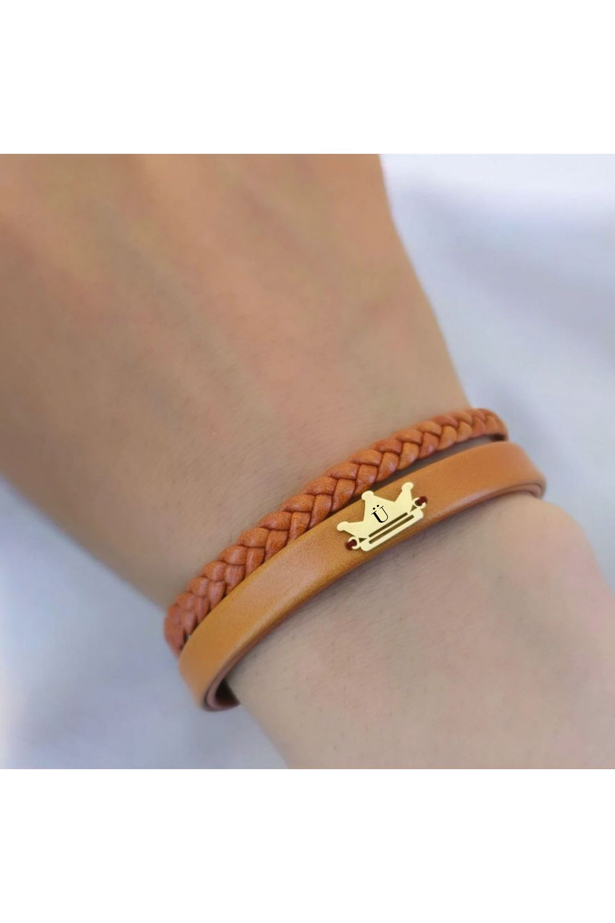 ARCHINO GOLD Ü Harfine Özel Taç Motifli 14 Ayar Altın Plakalı Kahverengi Derili Hediye Bileklik-511harf