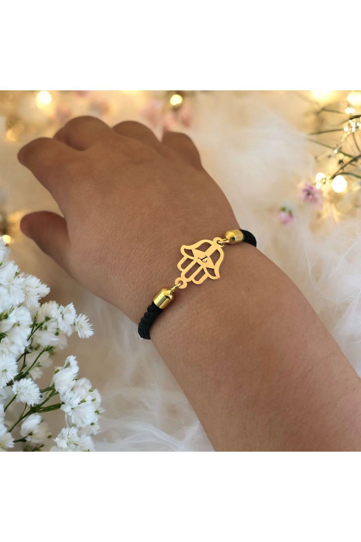 ARCHINO GOLD T Harfine Özel 14 Ayar Altın Plakalı Siyah İpek Örgülü Hamsa Motifli Hediye Bileklik-509harf