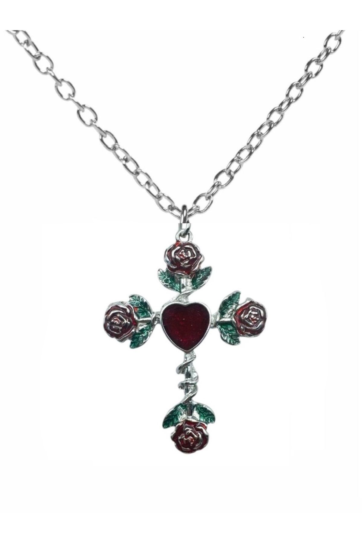 Herşey Nota Kırmızı Güllü Haç Figürlü Unisex Kolye – 60 cm Zincirli, Romantik ve Sembolik Gotik Tasarım
