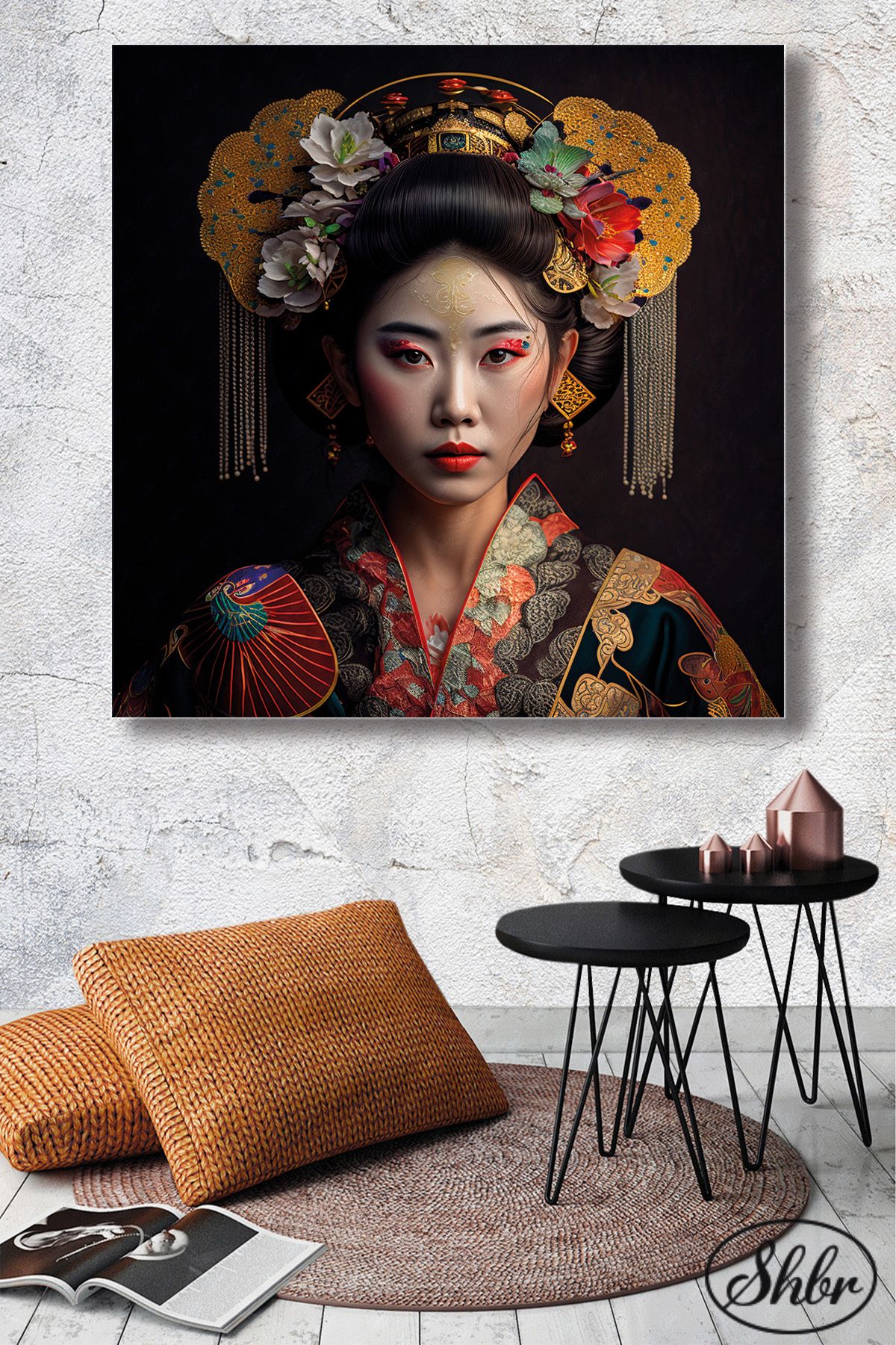 Şehber Tekli Kare Kanvas Duvar Tablosu Salon Yatak Odası Kafe Ofis Geleneksel Japon Kadın Portre