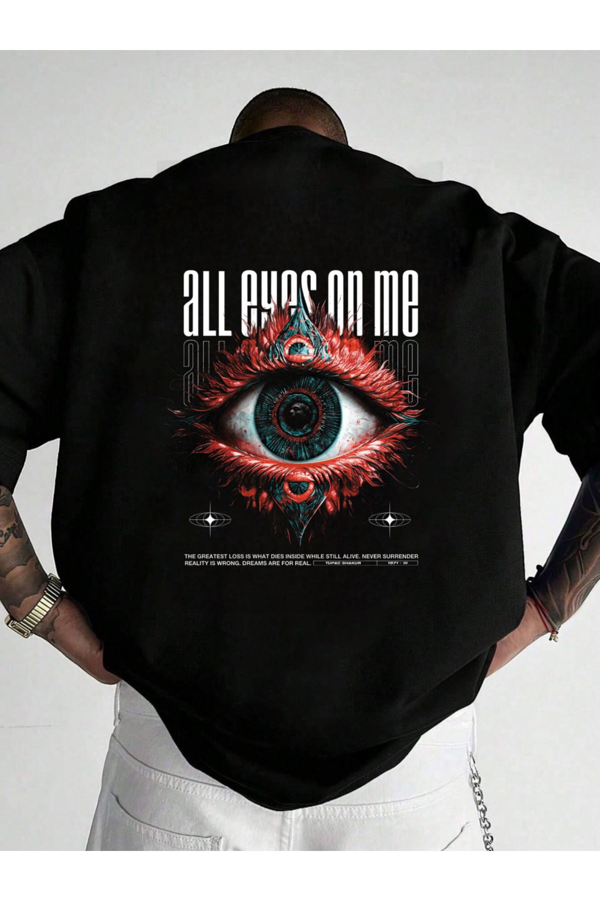 ELNOYA Unisex Pamuklu Siyah Oversize "All Eyes On Me" Baskılı Bisiklet Yaka Rahat T-shirt