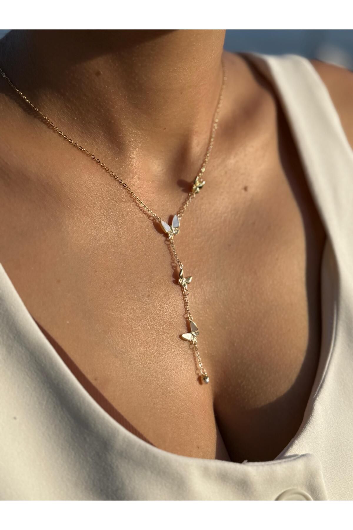 Glowique Design 925 Ayar Gümüş Zincir Uçlu Gold Kelebek Kolye